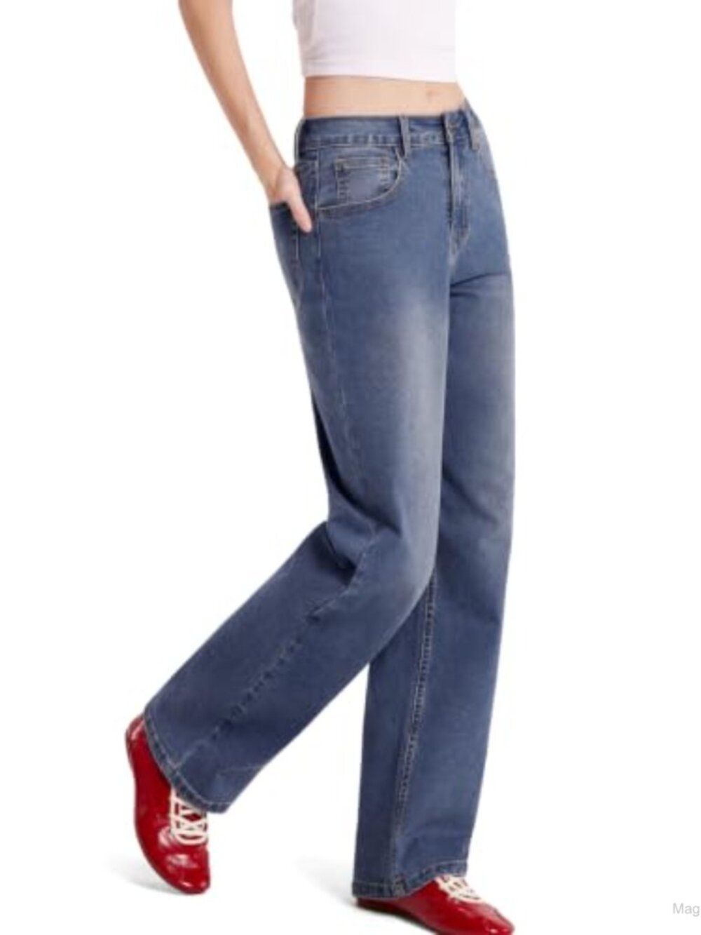 Stretch Straight Leg Mid Rise Jeans Trim Hems Denim Pants
